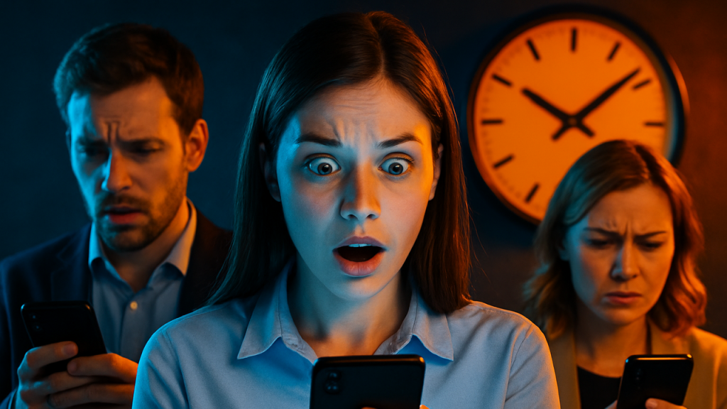"El Fenómeno de los 'Stories': Por Qué lo Efímero se Volvió Adictivo" Psicología detrás del contenido que desaparece en 24h. Videos de personas mirando móviles, FOMO, urgencia, relojes.