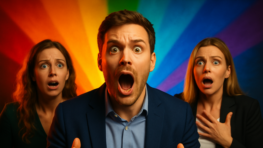 "Los Colores Que Más Engagement Generan (Y Por Qué)" Análisis visual de qué tonalidades llaman más la atención. Videos coloridos, arcoíris, arte, personas reaccionando a colores vibrantes.