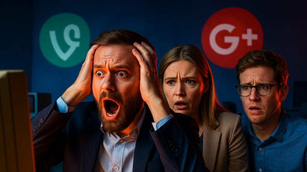 Las Redes Sociales Que Fracasaron y Por Qué (Google plus, Vine, etc.). Lecciones de plataformas que no sobrevivieron. Videos nostálgicos, tecnología antigua, oficinas vacías.