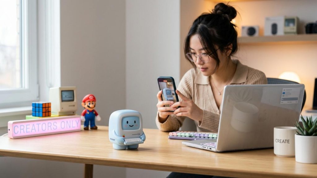 Figurita redondeada en escritorio minimalista, creador joven la graba con smartphone junto a portátil translúcido.