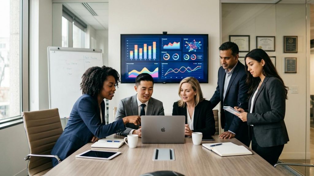 Equipo de agencia revisando gráficos corporativos en sala moderna, simbolizando certificación LinkedIn para marketing B2B.