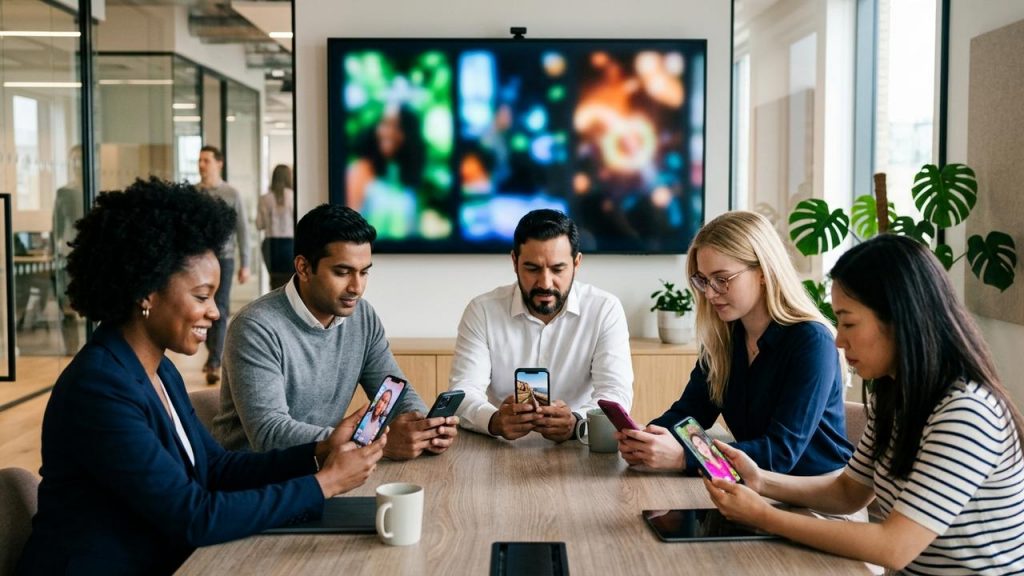 Personas en oficina viendo clips verticales en móviles, simbolizando descubrimiento de contenido en Prime Video.