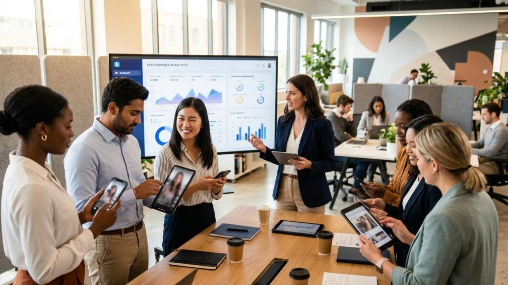 Profesionales y consumidores con móviles en oficina moderna viendo contenido social; equipo analiza rendimiento publicitario.