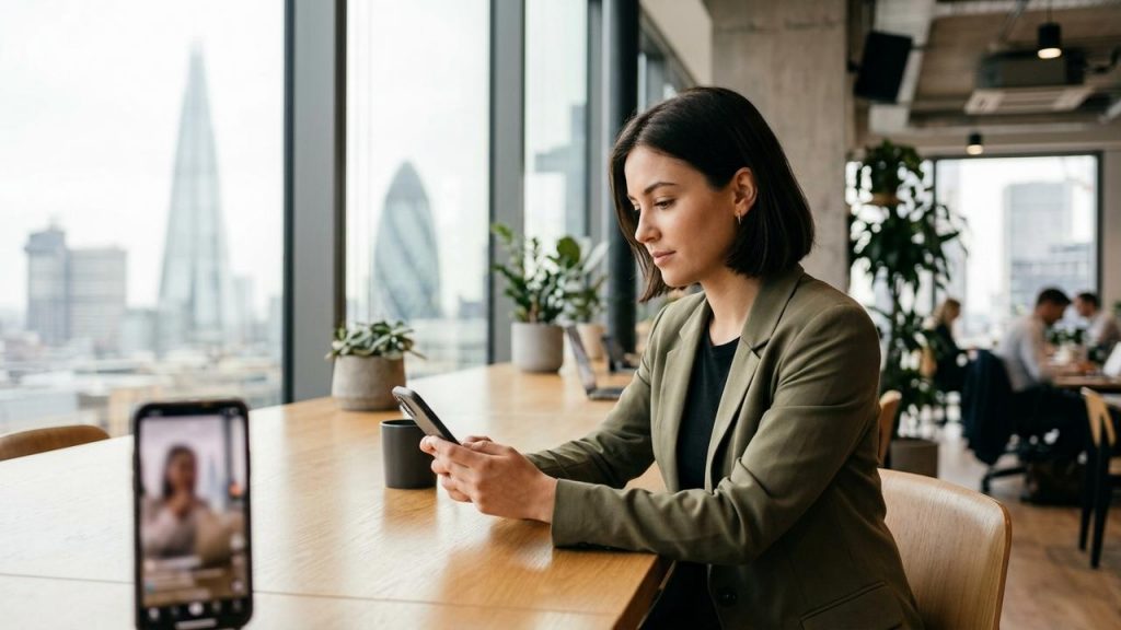 Profesional en coworking de Londres mirando un smartphone con feed de video limpio sin anuncios, estilo corporativo.