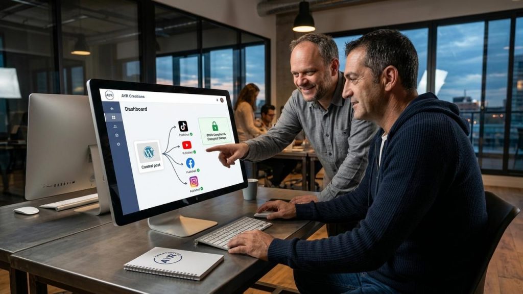 Trata la omnicanalidad como ventaja competitiva: cómo la plataforma sincroniza y publica contenido optimizado simultáneamente en WordPress, TikTok, YouTube, Facebook e Instagram para mantener una voz de marca coherente. Destaca el problema de empresas que no tienen personal especializado ni tiempo para coordinar múltiples redes y cómo la automatización y la programación inteligente resuelven esa complejidad operativa. Enfatiza el beneficio de consistencia diaria, mayor visibilidad orgánica y control desde un panel seguro con almacenamiento encriptado y cumplimiento GDPR. Dirige el mensaje a pymes y emprendedores que necesitan presencia profesional sin contratar equipo extra, con un tono persuasivo y directo que invite a probar la solución ahora.