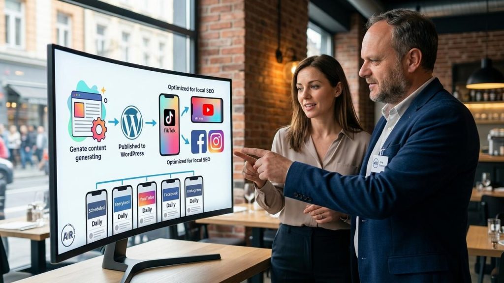 Vende el servicio como la solución para negocios con local (restaurantes, tiendas, clínicas) que necesitan más visibilidad y tráfico sin dedicar tiempo a crear contenido. Destaca que la plataforma genera artículos optimizados para SEO y los publica automáticamente en WordPress y en redes como TikTok, YouTube, Facebook e Instagram, transformándolos además en vídeos con locución profesional. Subraya el beneficio práctico: posts diarios programados en horarios óptimos que aumentan la visibilidad local y fomentan el engagement sin contratar personal adicional. Dirige el mensaje a pymes y propietarios ocupados, con un tono directo y persuasivo que invite a solicitar una demo o empezar la prueba para convertir presencia digital en clientes reales.