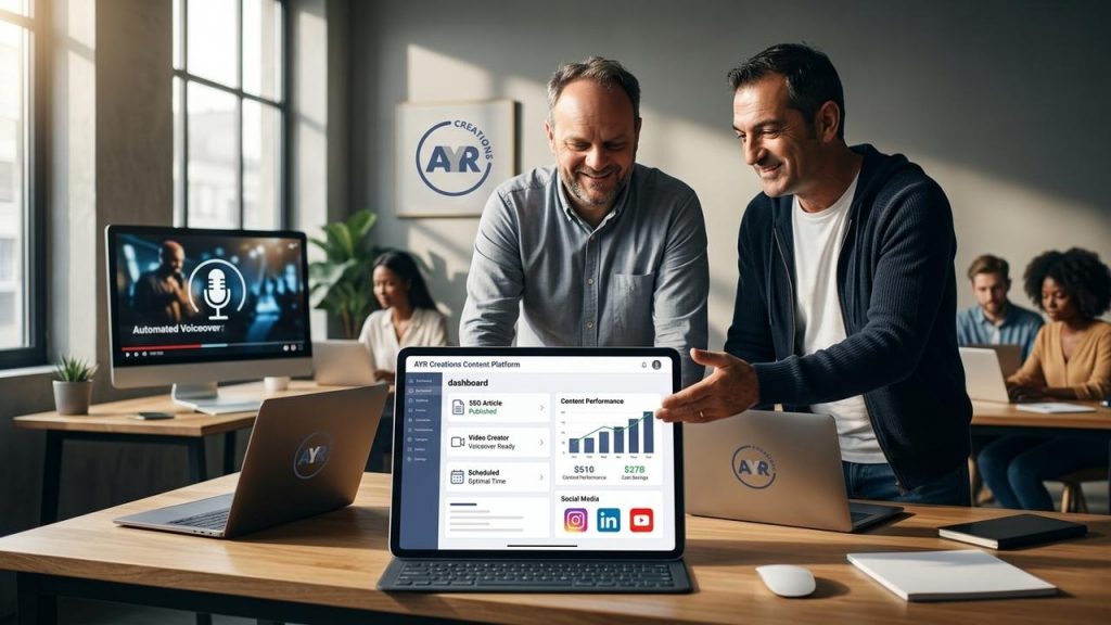 Vende la idea de una 'agencia de contenidos' automatizada: contenido diario profesional y multiformato en redes y WordPress a una fracción del coste de contratar agencias o community managers. Destaca que la plataforma genera y publica artículos optimizados para SEO, convierte automáticamente en vídeos con locución profesional y programa en horarios óptimos sin intervención manual. Enfócalo a pymes, startups y solopreneurs que necesitan presencia constante pero no cuentan con presupuesto ni personal especializado. Resalta el ahorro de tiempo y costes sin perder control de marca gracias a la personalización de logo, voz y plantillas y a los planes flexibles. Cierra con un tono directo y una llamada a la acción: reduce la factura de agencia hoy y comienza a obtener presencia profesional en todas tus plataformas.