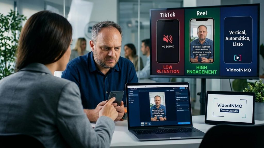 Aborda cómo incrementar el alcance y el engagement en redes sociales creando vídeos optimizados para consumo móvil (Reels, TikTok, Stories) con subtítulos palabra por palabra. Destaca el problema de la baja retención y visibilidad cuando el contenido se consume sin sonido y el beneficio de subtítulos automáticos y formatos verticales listos para publicar. Se dirige a agentes independientes, agencias y promotoras que necesitan publicar más contenido atractivo y accesible sin depender de editores externos. Resalta que VideoINMO genera vídeos en minutos con voz en off IA, marca y cortinilla de contacto sin instalar software, y cierra con un tono de venta directo invitando a probar la demo gratuita de 2 vídeos y empezar a publicar hoy mismo.