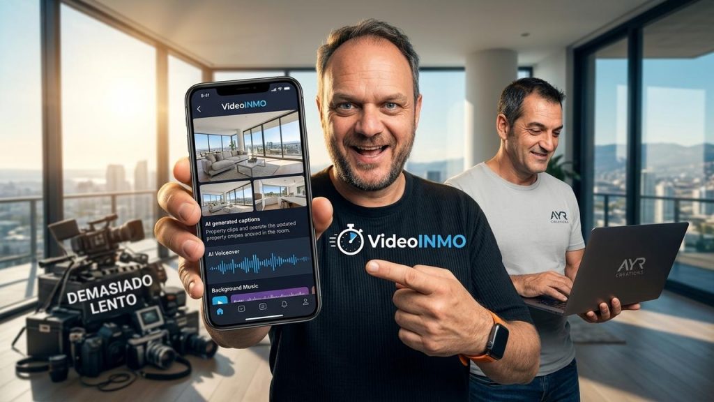 Aborda el ángulo de la velocidad y la conversión, mostrando cómo pasar de visita o ficha a vídeo profesional en minutos para atraer clientes y acelerar cierres. Destaca el problema de la edición tradicional: lenta, técnica y costosa, que retrasa la promoción y la captación de leads. Enfatiza la solución concreta de VideoINMO: generación automática desde clips de móvil con voz en off por IA, subtítulos, música, marca y pantalla de contacto, sin conocimientos ni terceros. Dirige el mensaje a agentes independientes, agencias y promotoras que necesitan sacar propiedades al mercado rápido y con imagen corporativa homogénea. Tono persuasivo y directo: subraya la ventaja competitiva y llama a probar la demo gratuita de 2 vídeos con marca de agua ahora mismo.