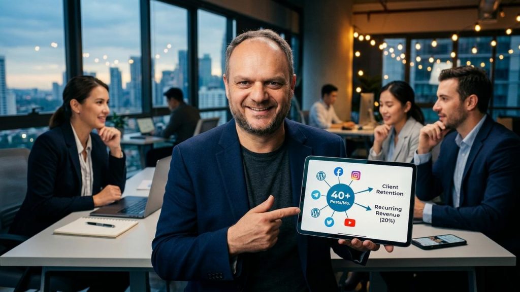 Enfoca el contenido en cómo el Programa de Partners "Presencia en Redes Sociales" ayuda a agencias, consultores y asesorías a retener a sus clientes durante más tiempo gracias a un servicio continuo de contenidos en redes. Destaca que, al ofrecer publicaciones constantes en WordPress, Facebook, Instagram y YouTube sin producir nada internamente, el partner se convierte en proveedor estratégico y difícil de reemplazar. Explica que los planes con más de 40-100 publicaciones al mes crean un contacto recurrente con la audiencia del cliente, lo que refuerza la relación y reduce la rotación. Resalta las comisiones recurrentes (20% inicial y 5% en años posteriores) como incentivo directo para construir una cartera sólida y estable. Usa un tono de venta persuasivo y directo, rematando con una llamada a que el lector se sume al programa para blindar su base de clientes y sus ingresos.