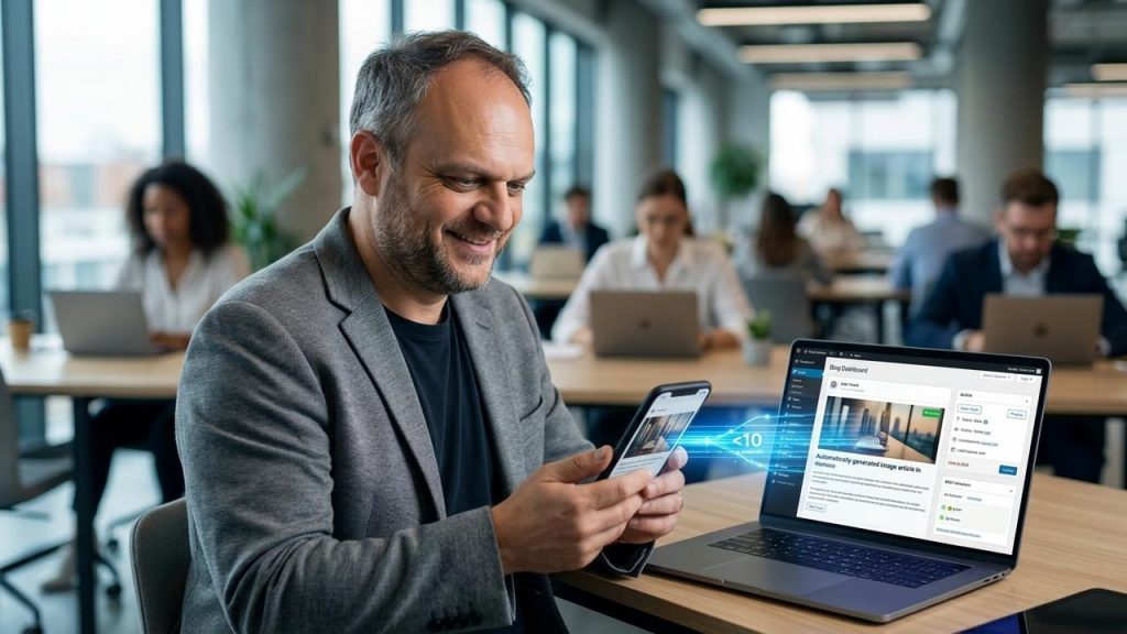 Enfocar el contenido en cómo Noticias Automáticas permite mantener un blog WordPress siempre activo convirtiendo cualquier enlace de noticia en un artículo completo, optimizado y publicado en menos de 10 segundos. Destacar el problema del blog corporativo abandonado por falta de tiempo, redactores o conocimientos de SEO, y cómo esto perjudica la imagen y el posicionamiento en Google. Subrayar que el usuario solo envía un enlace y el sistema se encarga de redactar, adaptar al tono de la empresa, generar imagen, optimizar SEO y publicar directamente hasta 50 veces al mes. Dirigido a empresas y responsables de marketing con agendas apretadas que necesitan resultados visibles sin complicaciones técnicas ni permanencias. Usar un tono persuasivo y directo, rematando con una llamada clara a probar el servicio y dejar de perder oportunidades de tráfico y autoridad por tener el blog desactualizado.