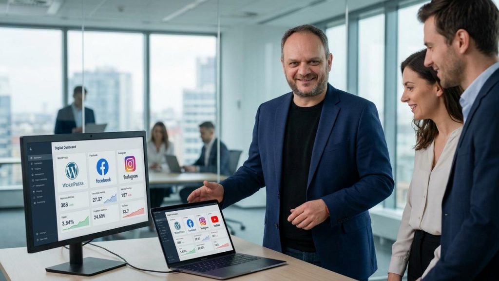 Plantea el ángulo de cómo una agencia, consultor o asesor puede convertirse en el proveedor integral de marketing digital de sus clientes añadiendo este programa sin sumar tareas de producción ni gestión de contenido. Destaca el problema de las agencias y asesorías que hoy pierden oportunidades porque sus clientes buscan a otros proveedores para redes sociales, fragmentando la relación. Enfoca el beneficio de centralizar servicios: el partner ofrece web, asesoría o campañas, y además una presencia constante en WordPress, Facebook, Instagram y YouTube gestionada íntegramente por AYR creations. Subraya que no necesitan contratar equipo, aprender nuevas herramientas ni meterse en la operativa diaria; solo venden y refuerzan su posición estratégica. Tono persuasivo y directo, cerrando con una llamada a la acción para que den el paso y se conviertan en el único referente digital de sus clientes.